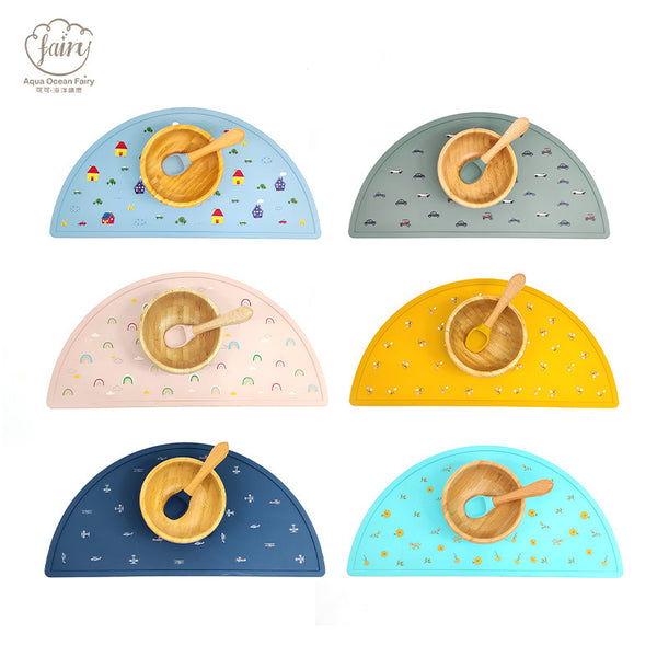New baby children's silicone placemat baby bib baby children's complementary food bowl silicone spoon fork anti-drop bamboo bowl set