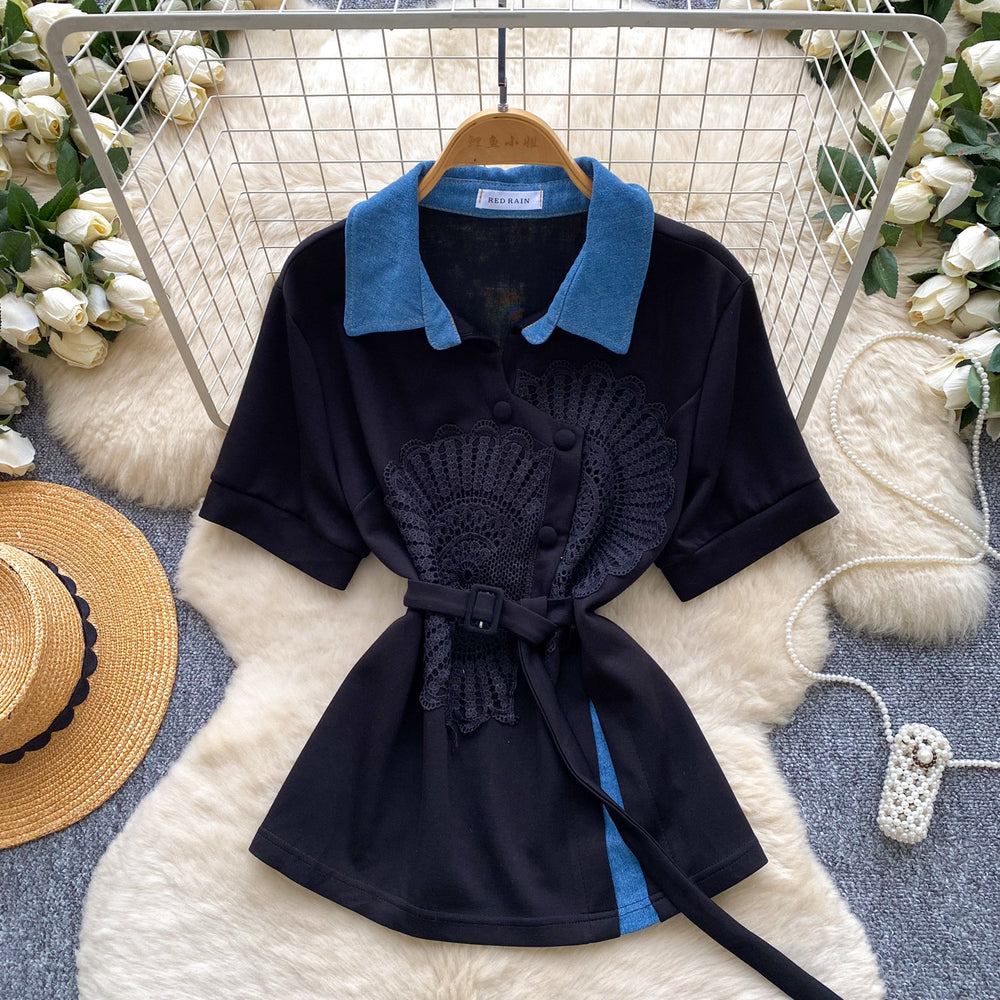 K-style doll collar loosecomfortable breathable short-sleeved shirt women's work clothing style lacepatchworksense of design waist tops