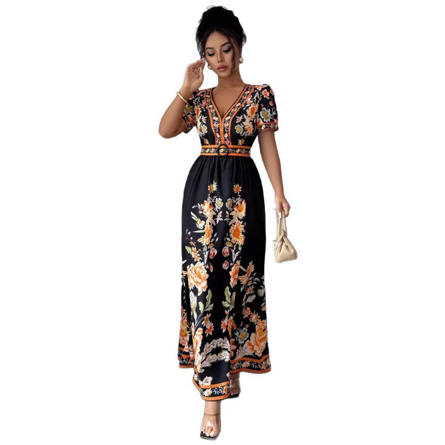 spring new arrival: v-neck ethnic print satin wrap maxi dress