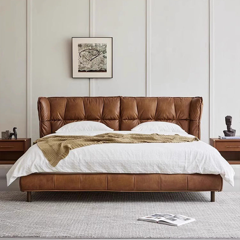 Used style oil wax genuine leather muscle bed modern retro designer model master bedroom 1.8m pull point leather double bed