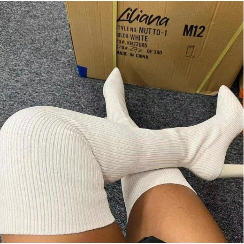 Autumn winter pointed toe thick heel knitting over-the-knee boots women's fashion cross-border exportplus size elastic wool socks boots