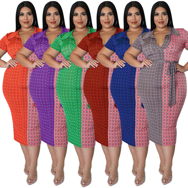 MY1000 European and American fashion large-size women's clothing 2022 summer new fashion casual shirt collar color matching hip-wrapped dress
