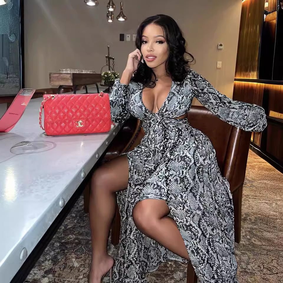 autumn new arrivals: european and american style fashionable sexy hollow-out flowy beach dress with python print slit maxi skirt