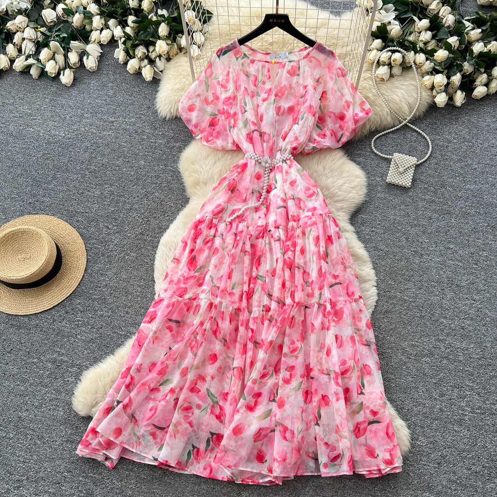 French chic v-neck floral dress - women's summer korean style short sleeve slimming a-line maxi dress - vacation ready