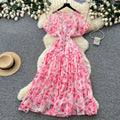 French chic v-neck floral dress - women's summer korean style short sleeve slimming a-line maxi dress - vacation ready