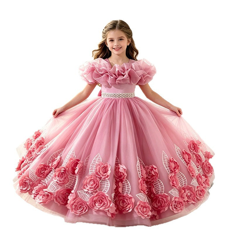 Export kids dress style princess skirt embroider flower beaded tutu skirt host piano wedding dress performance costume