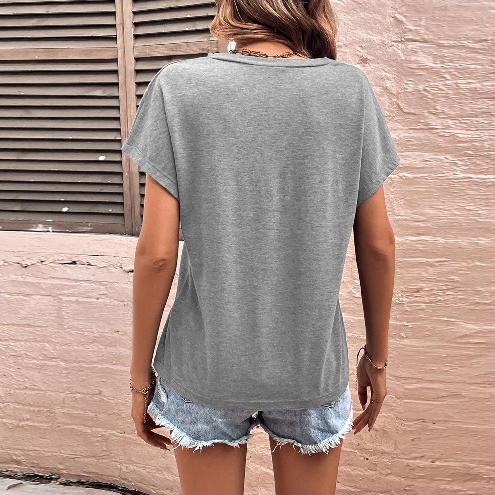 Amazon women's clothing  new arrival hot selling loose casual u-neck solid color european and american style t-shirt short sleeve top