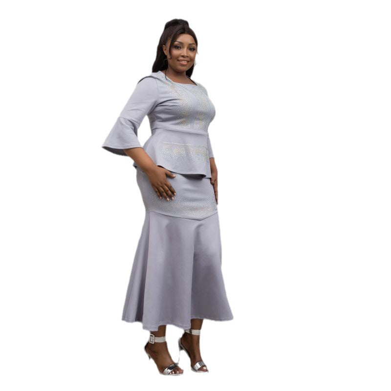 new arrivals: african cross-border fashion - rhinestone embellished elegant workwear maxi dress, luxury rhinestone two-piece set