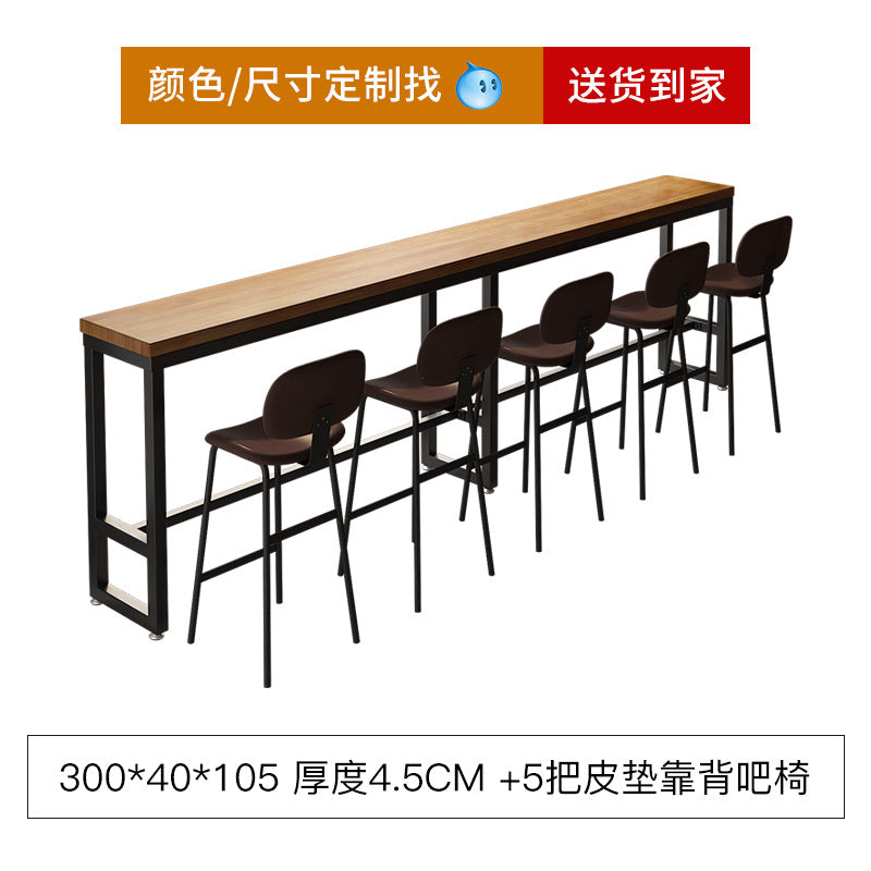 Bar table and chair combination Industrial style wrought iron solid wood bar High foot milk tea shop Cake shop Narrow table against the wall