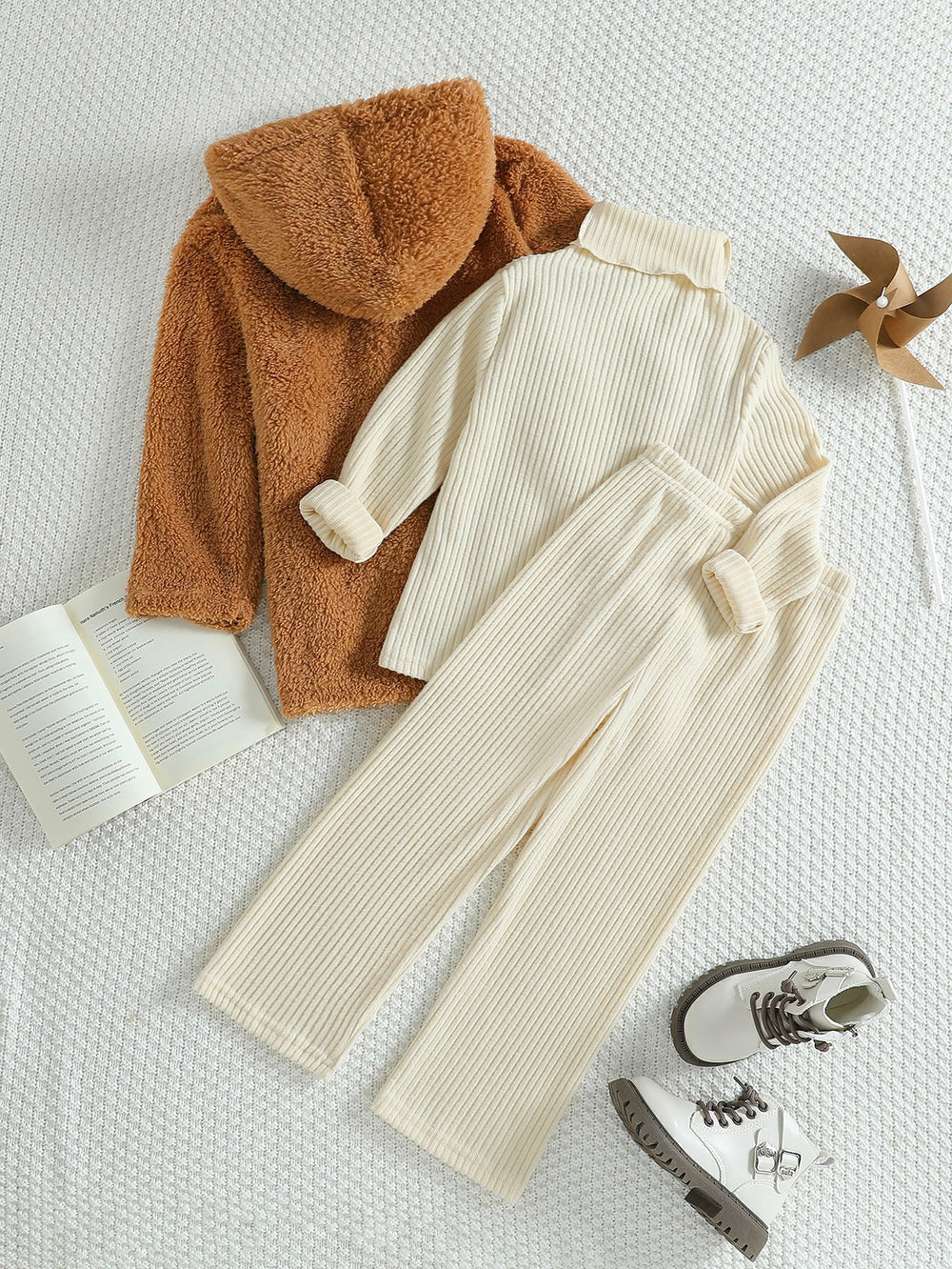 Warm winter fashion fleece-lined outwear high collar texture topspantsheattechfall and winter suit pants suit three-piece set