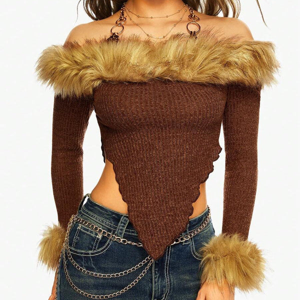 's new autumn and winter products, Mao Mao's irregular inverted triangle shoulder T-shirt, slim-fitting long-sleeved sexy short top