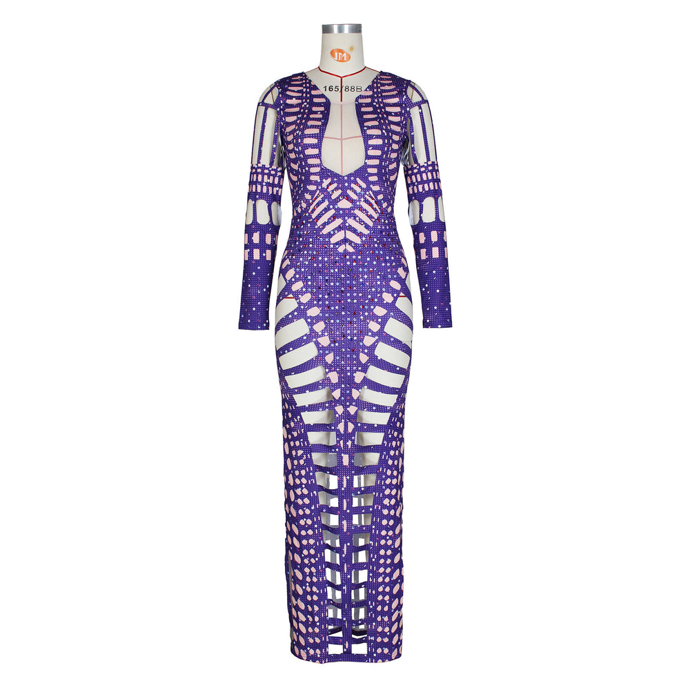 hot-selling european and american women's clothing sexy ripped tight-fitting hip-hugging dress hot diamond printing long skirt