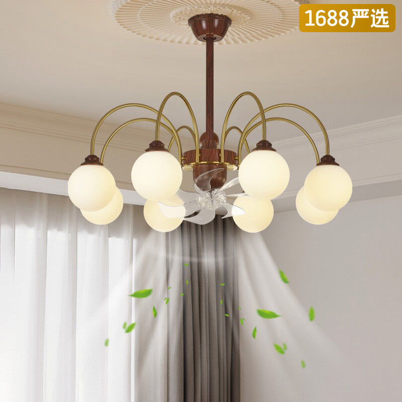 [Strict selection] Ceiling fan light American retro magic bean chandelier medium and ancient retro walnut pattern large wind fan light