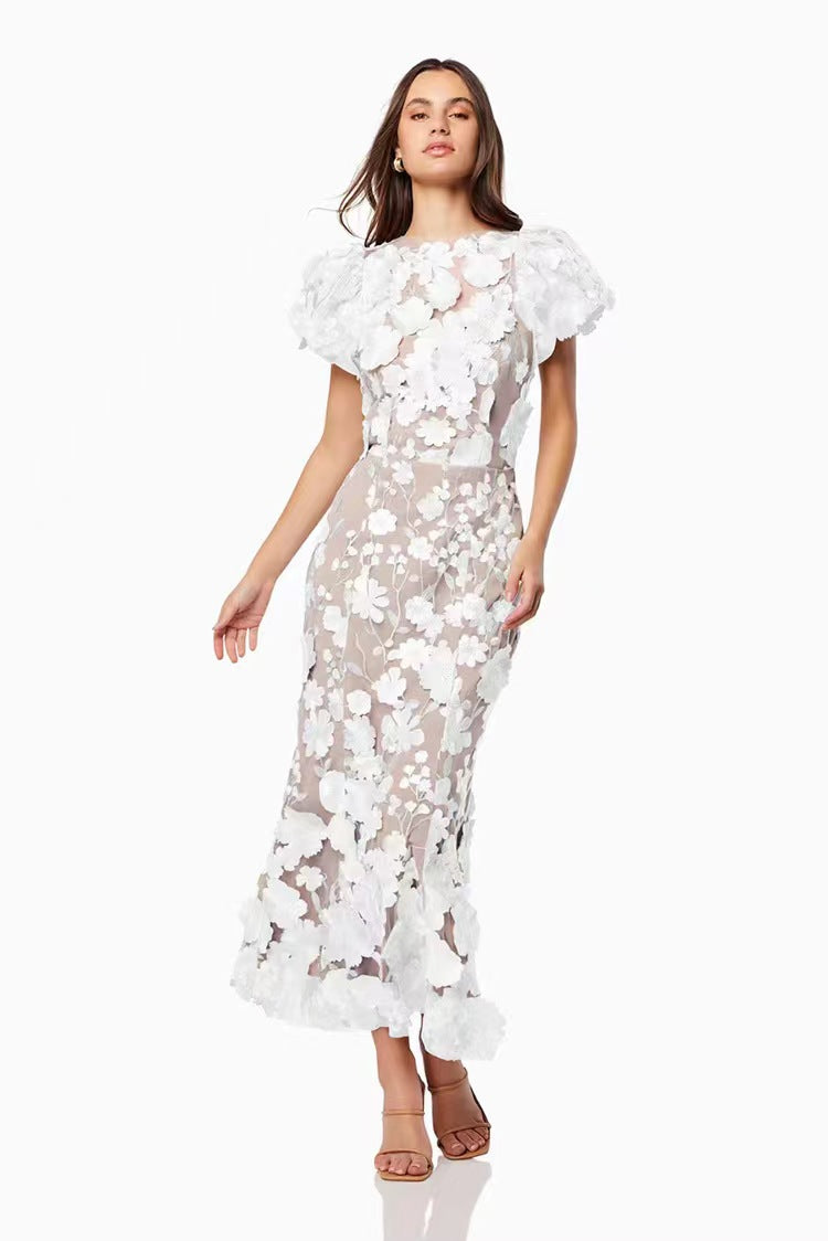 2025 spring new arrival: cross-border luxury round neck embroidered 3d floral puff sleeve midi bodycon dress