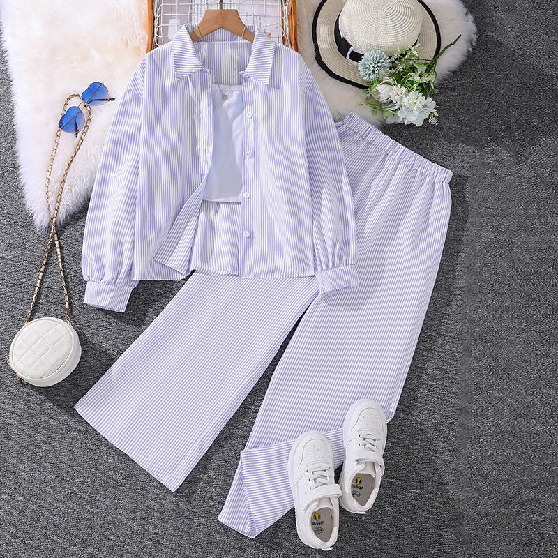 Hot-selling export children's clothing set for boys and girls, spring  european and american new style,  casual striped long-sleeved shirt and pants