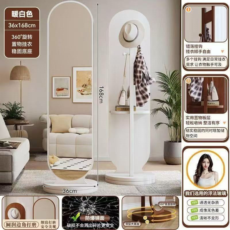 Rotating full-length mirror floor mirror for home bedroom movable try-on large mirror with coat rack all-in-one full-length mirror