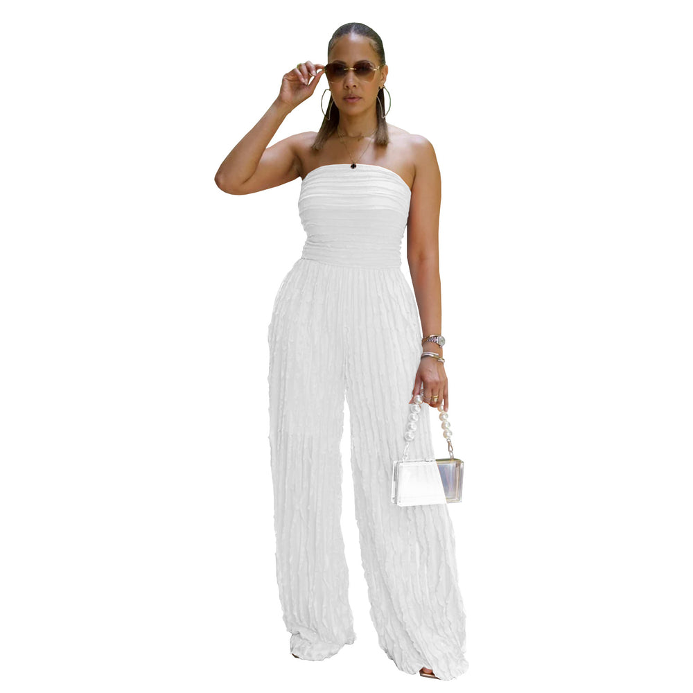 C7465 cross-border   fashion women's solid color loose casual wavy pattern jumpsuit new