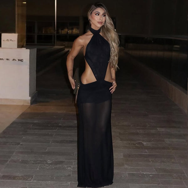European and American style  solid color design women's mesh yarn slightly transparent backless hip skirt high neck neck sexy long dress