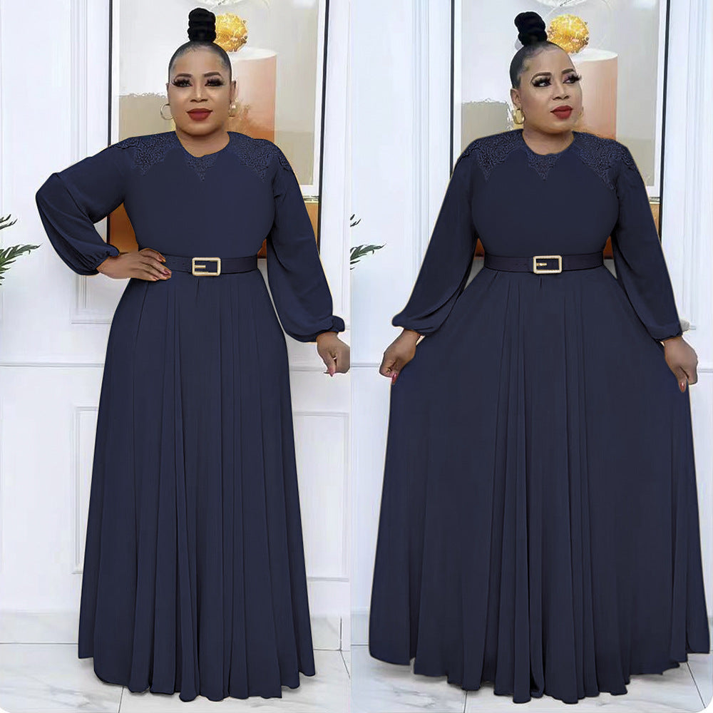 fashionelegantwork clothinghigh waistslimming look african plus size women's clothingloosepure colordress comes with belt