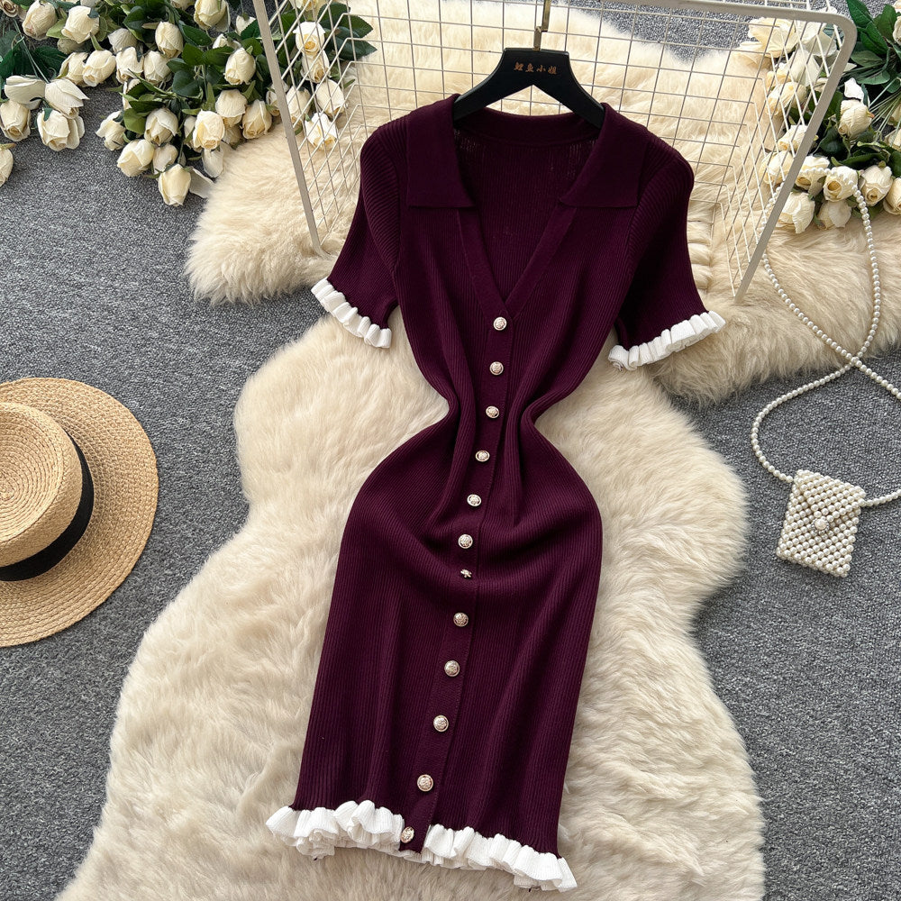 French gentle style v neck fungus edge knittingdress k-style short sleeve women's metal button slimming lookpetites short skirt
