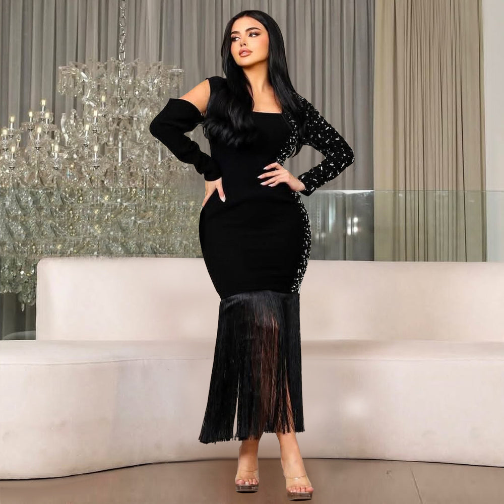C7412 cross-border   fashion women's sexy arm sleeve long sleeve rhinestone tassel dress