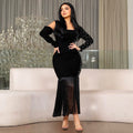C7412 cross-border   fashion women's sexy arm sleeve long sleeve rhinestone tassel dress