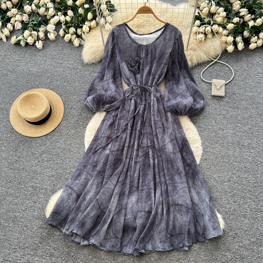 French chic lantern sleeve v-neck dress - women's summer korean style tie-waist slimming a-line maxi dress - elegant