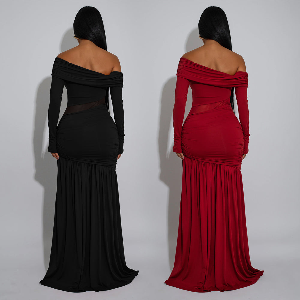 C7561 cross-border   fashion women's sexy bandeau see-through slit evening dress