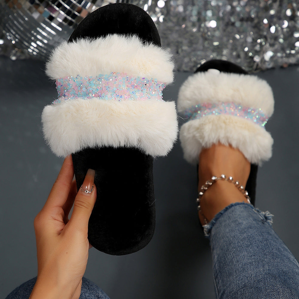 Influencer-approved rhinestone fuzzy slippers for women - new 2024 collection - wearable flat slides, warm fuzzy cotton slippers for autumn and winter