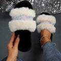 Influencer-approved rhinestone fuzzy slippers for women - new 2024 collection - wearable flat slides, warm fuzzy cotton slippers for autumn and winter