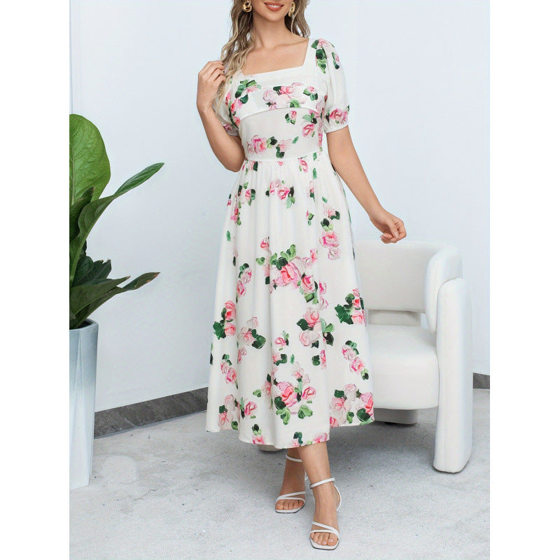 Aliexpress cross-border original design: elegant square neck fashion floral lady dress