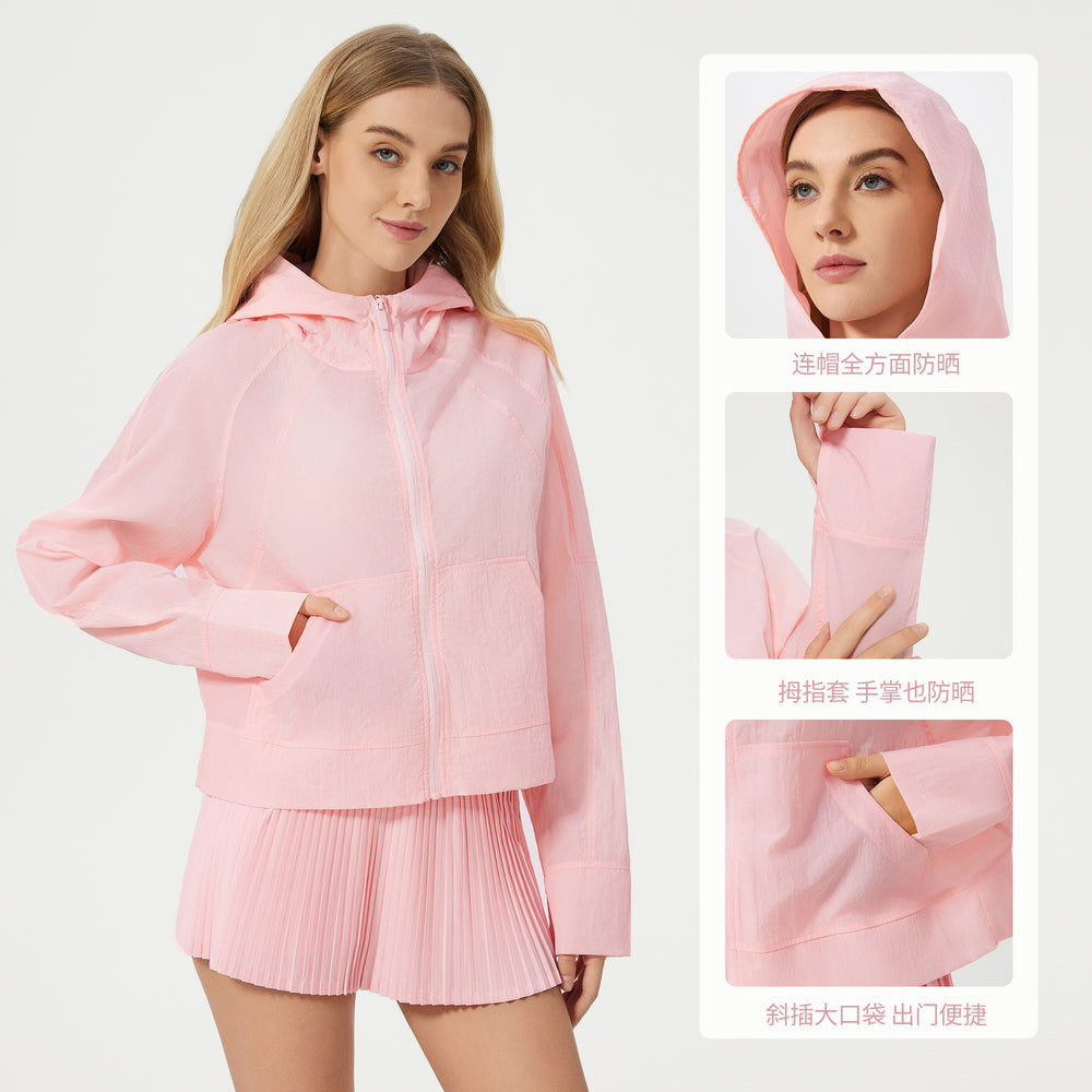Summer lightweight breathable quick-dry sports windbreaker loose fit versatile hooded outdoor zip-up cardigan jacket for women d25007