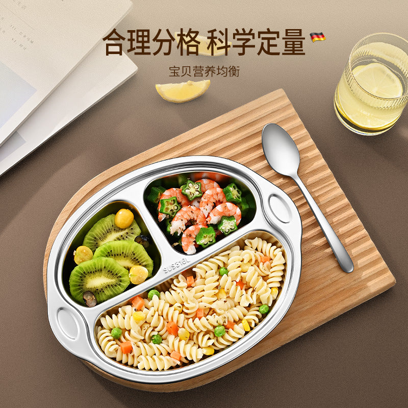 316L stainless steel children's grid dinner plate with non-slip silicone suction cup children's cute baby eating tableware lunch box