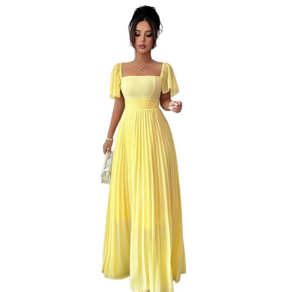 European and american cross-border women's fashion  summer solid color french bandeau backless cinched waist pleated elegant long dress