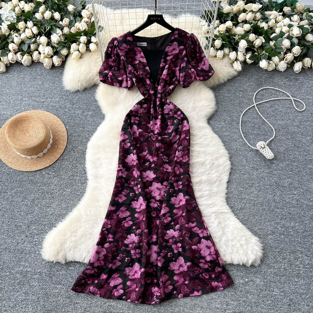 French romantic print bubble sleeve dress - women's summer mesh panel slim fit mermaid maxi dress