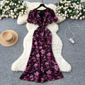 French romantic print bubble sleeve dress - women's summer mesh panel slim fit mermaid maxi dress