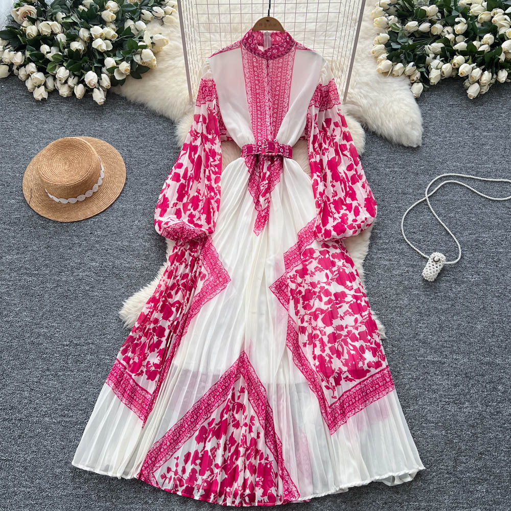 High-end elegant women's dress  new french style tie-waist lantern sleeve placement print pleated maxi dress