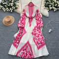 High-end elegant women's dress  new french style tie-waist lantern sleeve placement print pleated maxi dress