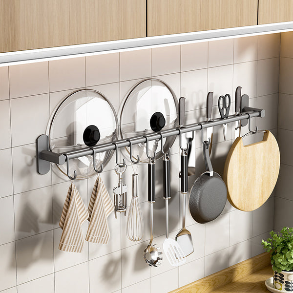 Kitchen hook hanging rod no punching gun gray wall mounted wall knife holder pot cover spatula spoon row hook storage rack
