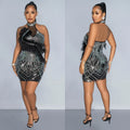 C6815 cross-border   fashion women's solid color mesh rhinestone feather mini dress
