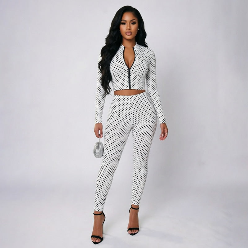 J26st314 cross-border european and american style women's long-sleeve zip-up cardigan top and skinny leggings two-piece set with polka dot print