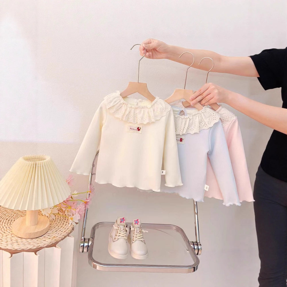 【dropshipping】girls' fleece-lined base layer top -  autumn/winter kids' one-piece fleece top with lace collar - baby top