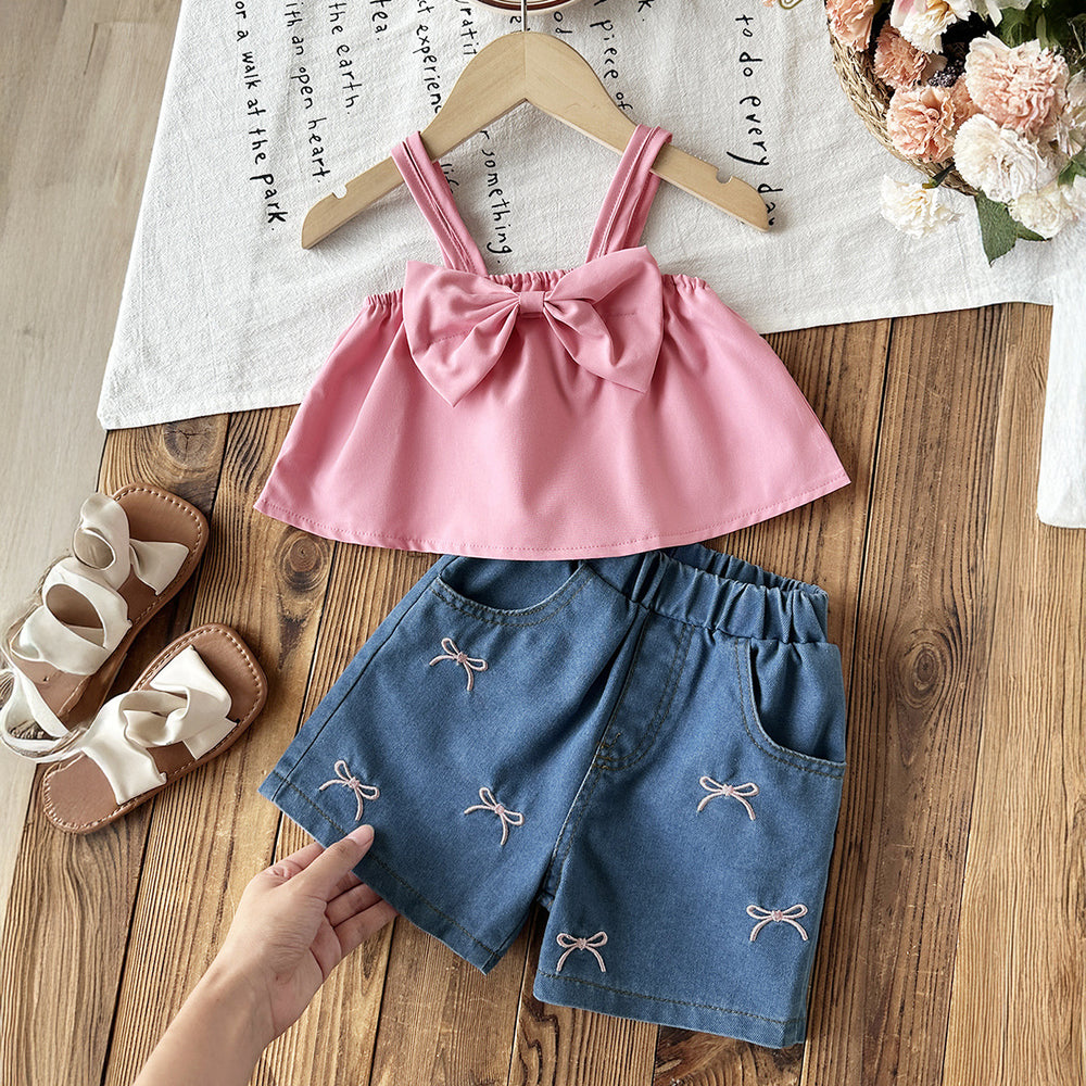 cross-border girls' playful & cute cami top + embroidered denim shorts set with bow detail