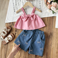 cross-border girls' playful & cute cami top + embroidered denim shorts set with bow detail