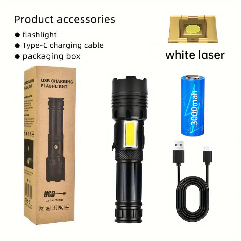 Cross-border explosive white laser with side light COB strong light flashlight zoom with output outdoor multi-function flashlight