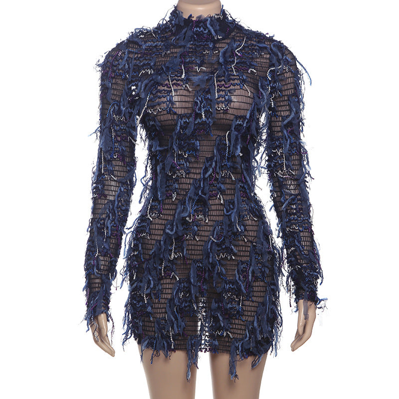 European and American  2024 new autumn women's clothing sweet and fresh long-sleeved semi-turtleneck color fringed slim dress