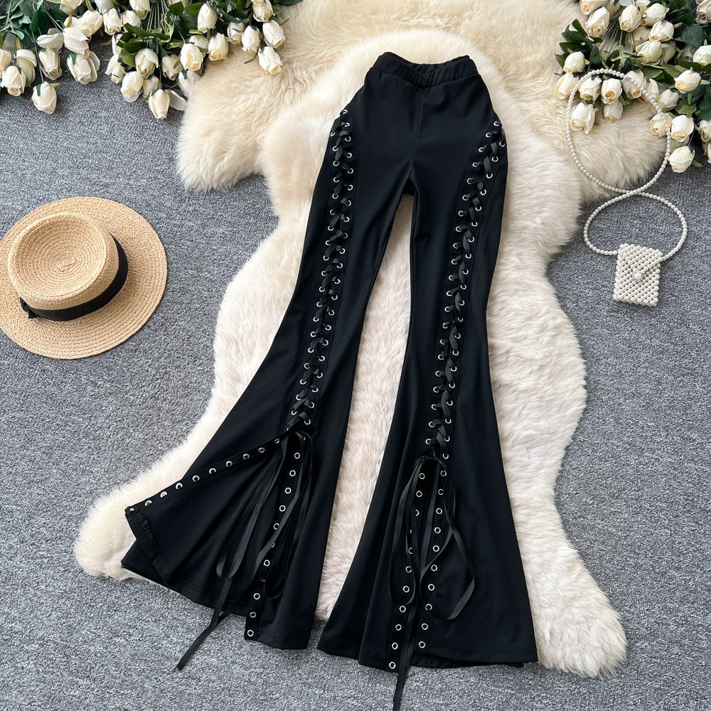 K-style high waisttie backelegant style big bell pants women's spring summer black slimming lookmopcasual pants sense of design