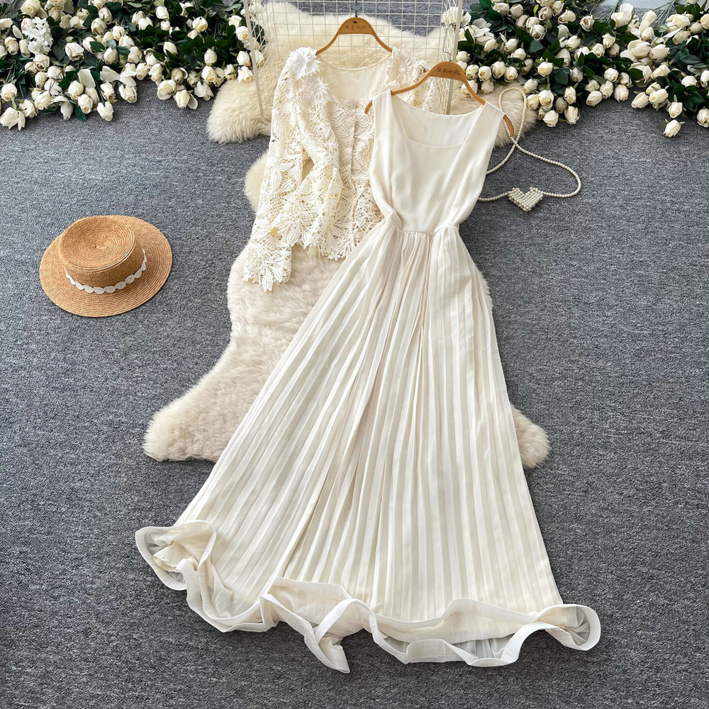 French chic v-neck lace top & high-waisted tank pleated dress two-piece set - autumn elegant & luxe