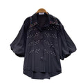 Imperial style, heavily embellished, rhinestone-adorned lantern sleeve single-breasted blouse - women's  summer loose fit, versatile, casual, european and american top