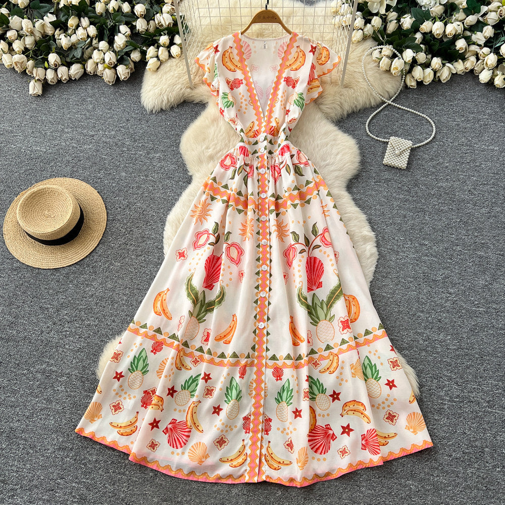 French riviera style v-neck printed flutter sleeve dress - women's spring/summer a-line maxi dress - elegant work-ready dress